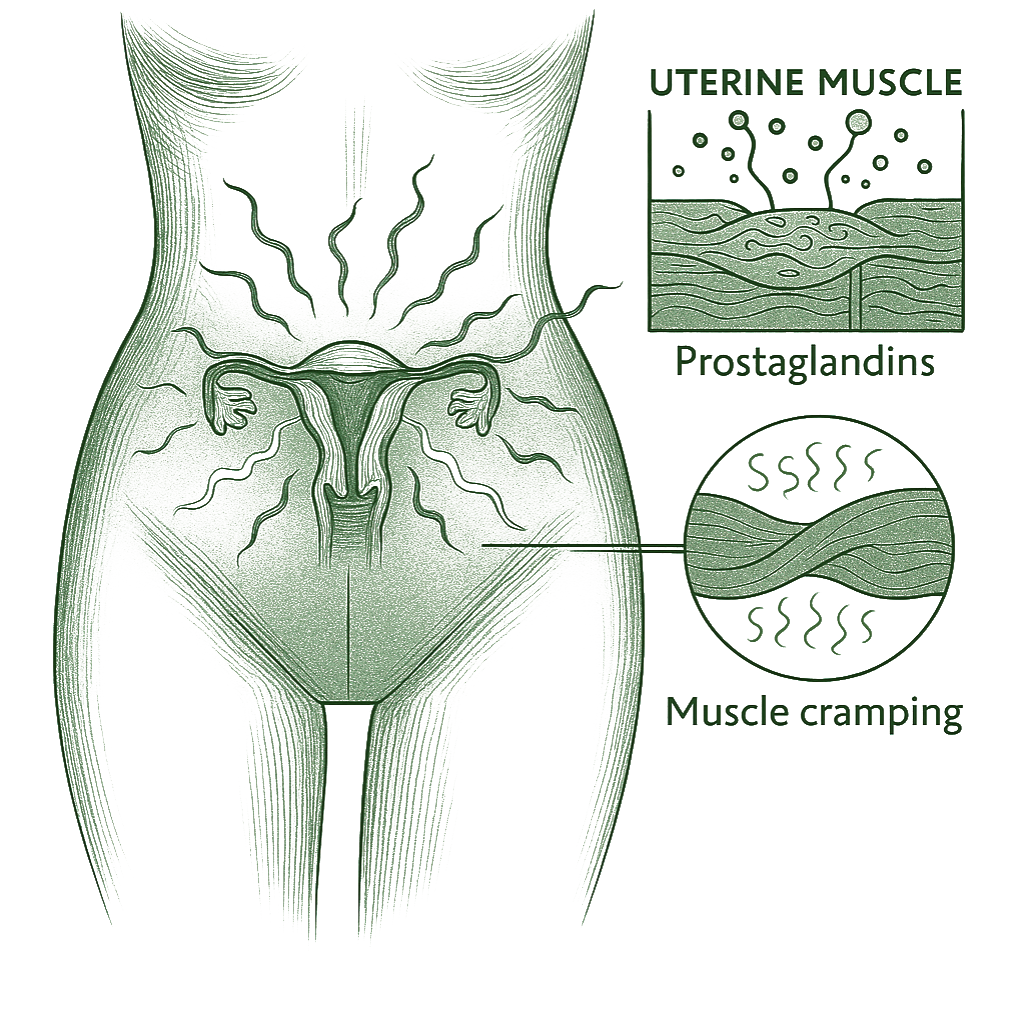 Diagram of uterine muscle with prostaglandins and muscle cramping labeled on a green background