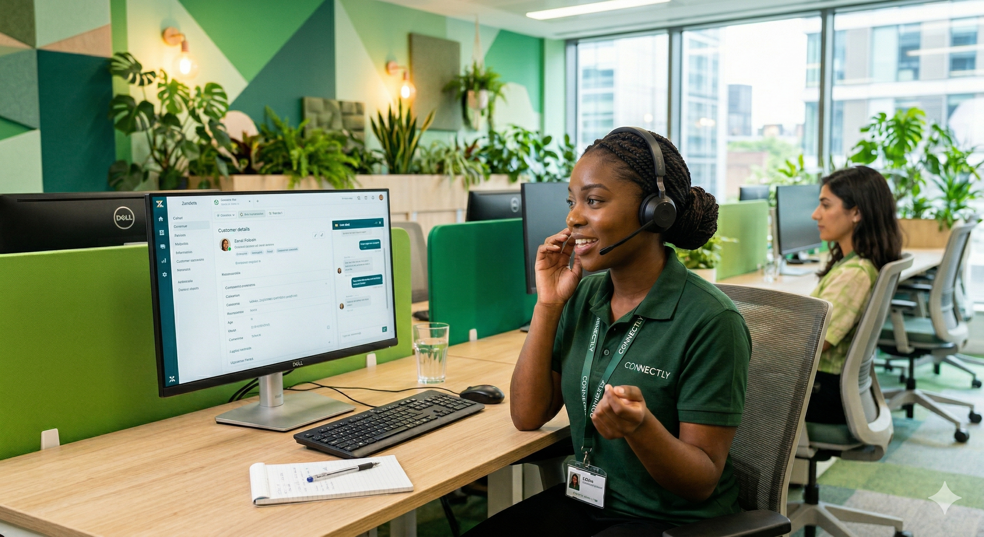 Person in a green uniform with a headset in an office setting